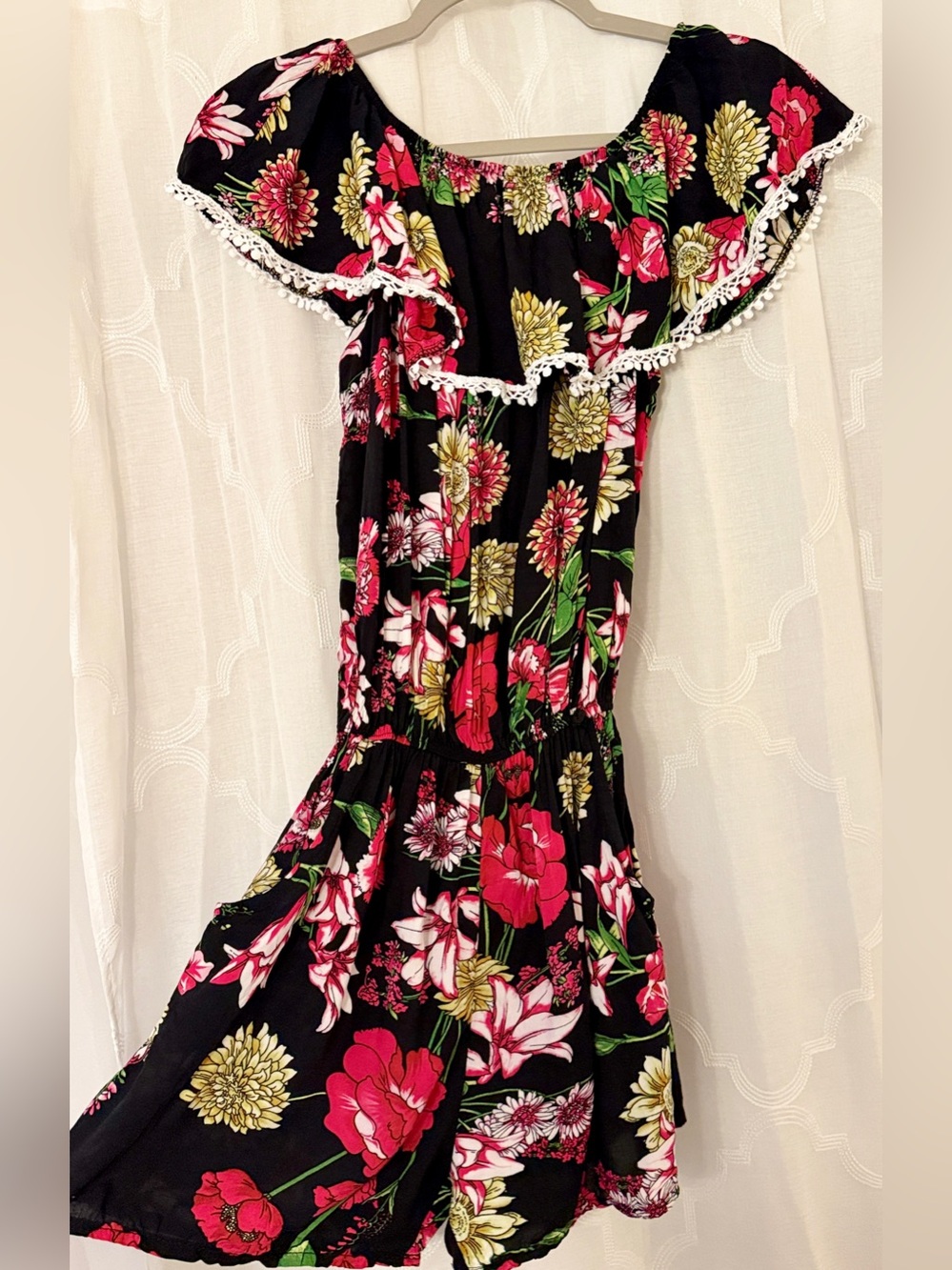 ZA Floral Off Shoulder Romper Black Pink Tropical Boho Size S/M